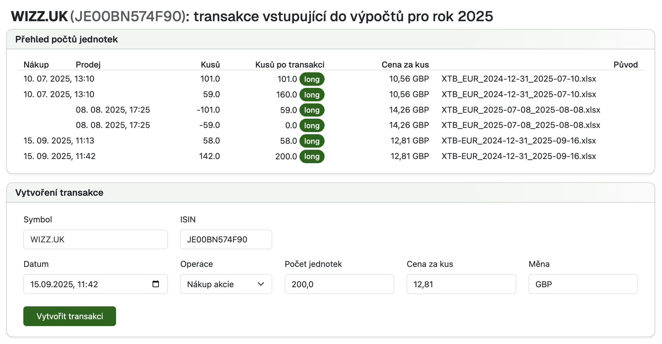 Přehledy transakcí vstupujících do výpočtů