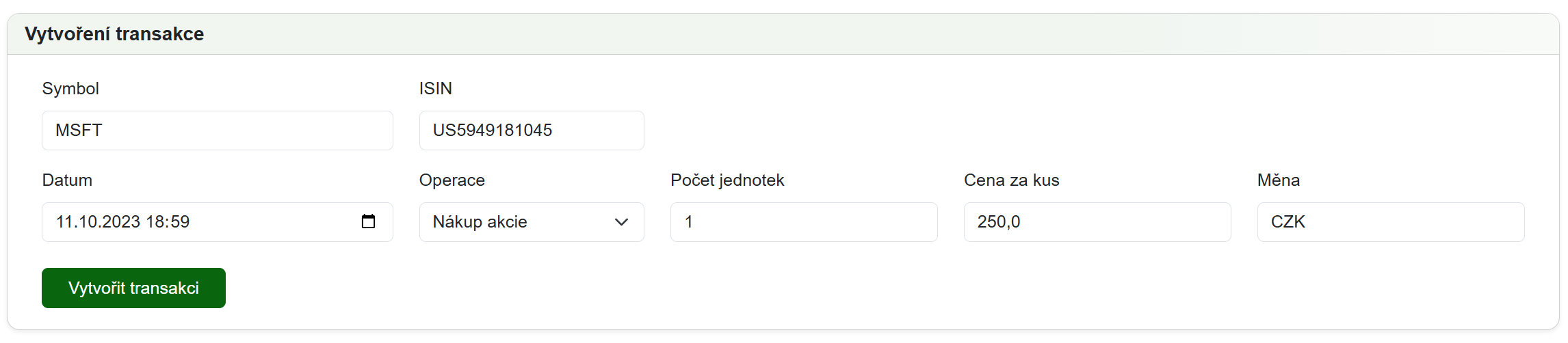 Vytvoření transakce